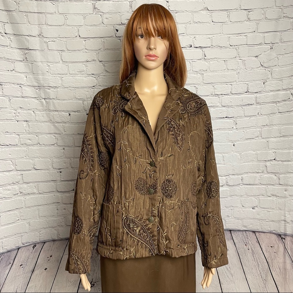 Chico's Brown Jacquard Embroidered Jacket Size 3 Size XL